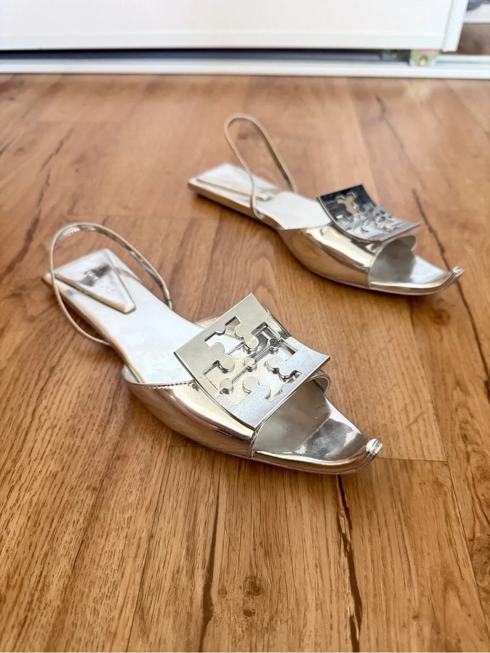Tory Burch Silver Metallic Open Toe Slingback Flats